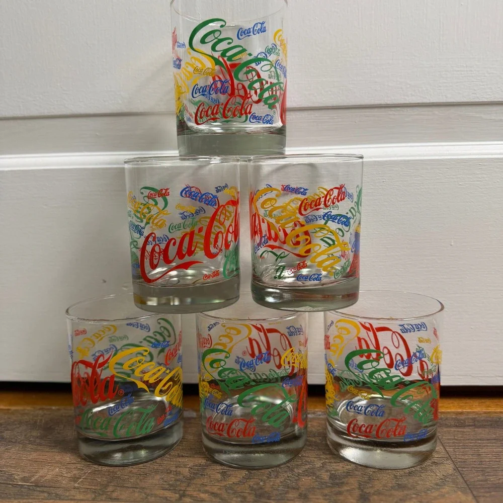 Vintage Coca-Cola Multi-Color All Over Print Glass‎ Tumblers Set of 6 Retro 4